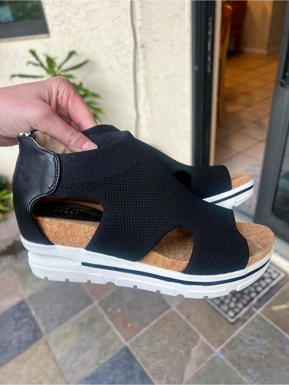 Adrienne Vittadini Black Knit Wedge Sandals with Cork Insole